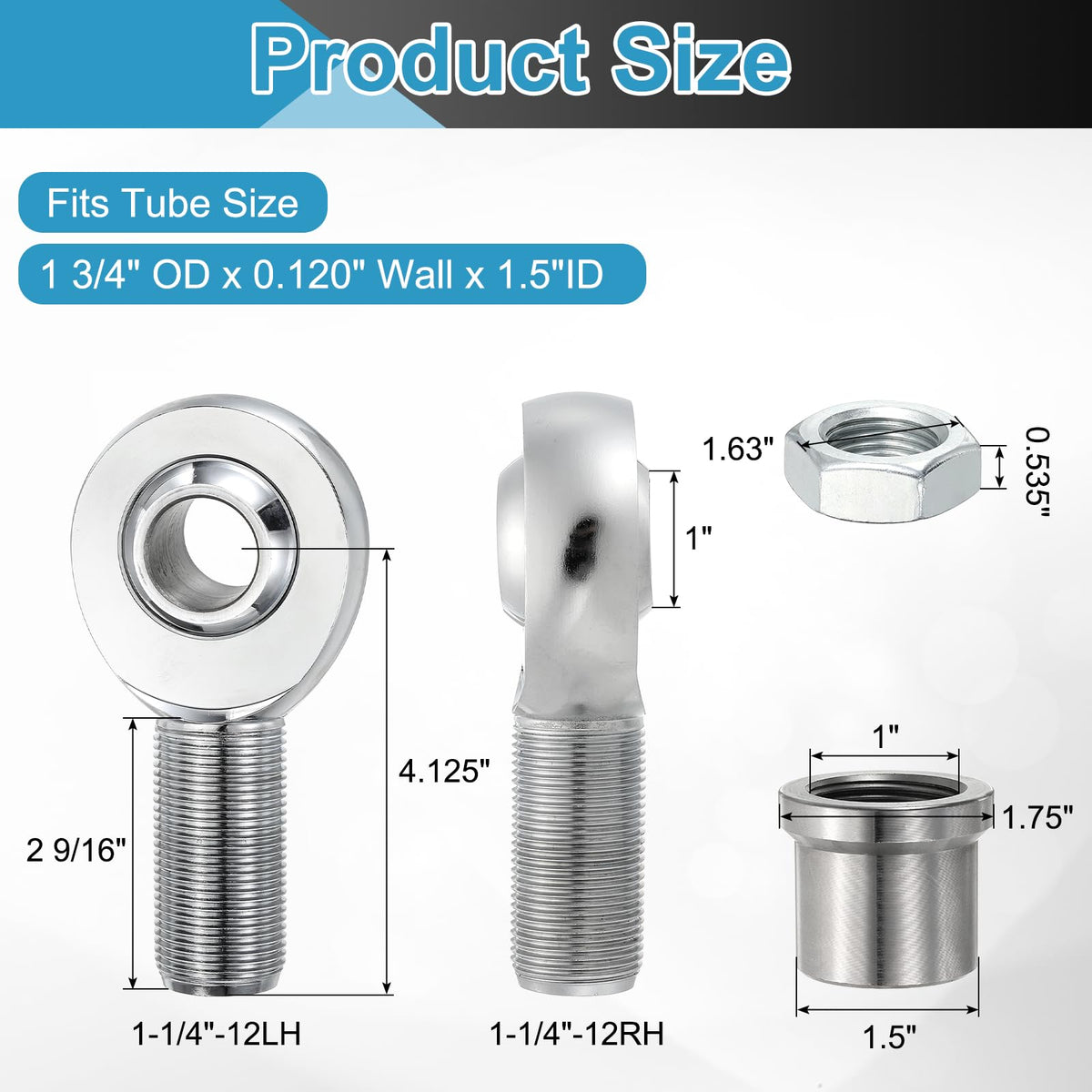 Kozelo 1 1/4"-12UNF Rod End Bearing Kit, 1" Left and Right Hand Thread