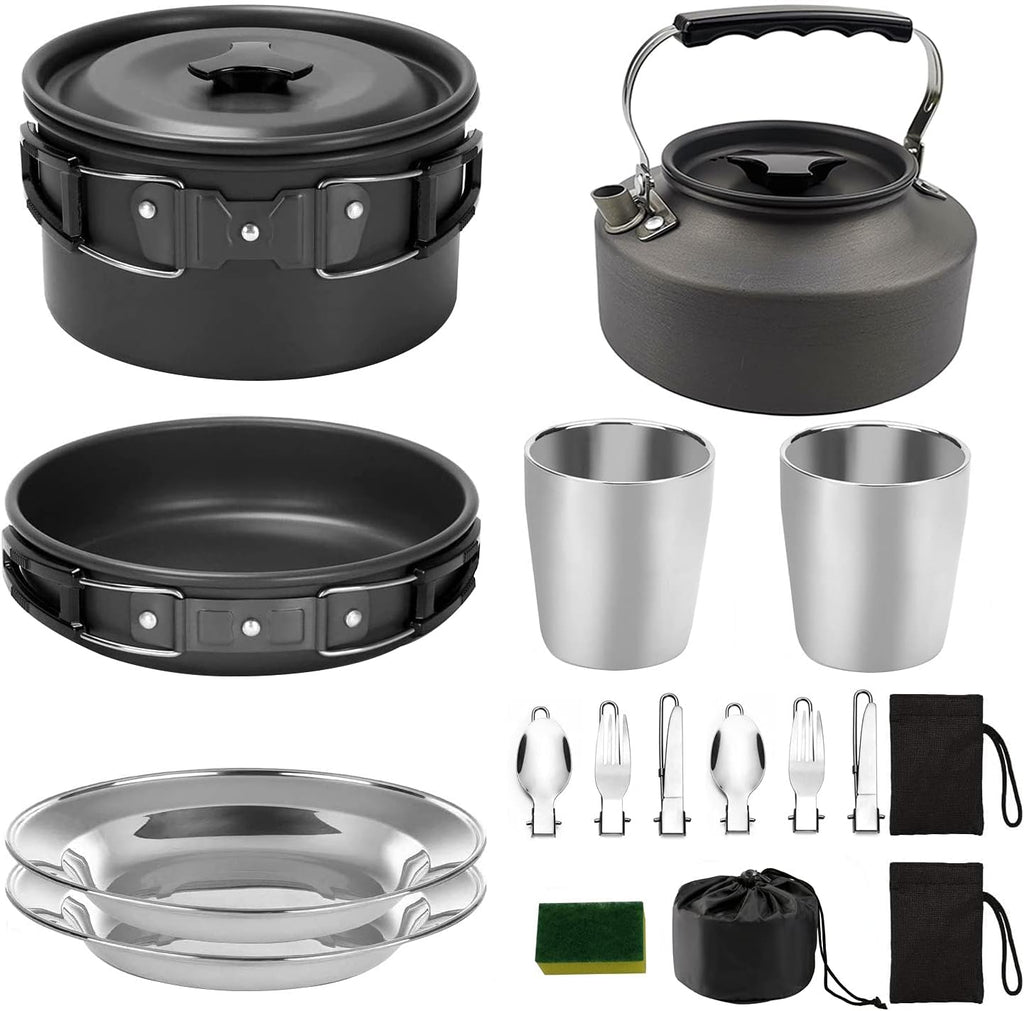 Peidesi 15pcs Camping Cookware Mess Kit,Portable Non-Stick Aluminum Alloy Cookware,Kettle Pot Frying Pan Plates Forks