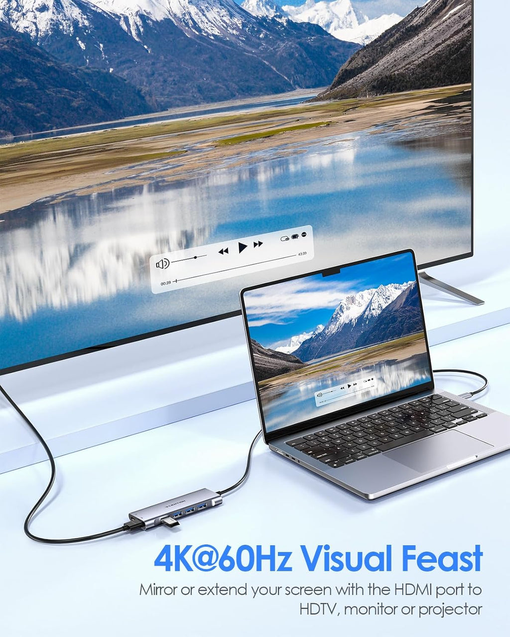 3.3FT Long Cable USB C Hub with 4K HDMI, 100W PD Charging, 4 USB 3.0 Port & LED Indicator for MacBook Pro/Air, Dell