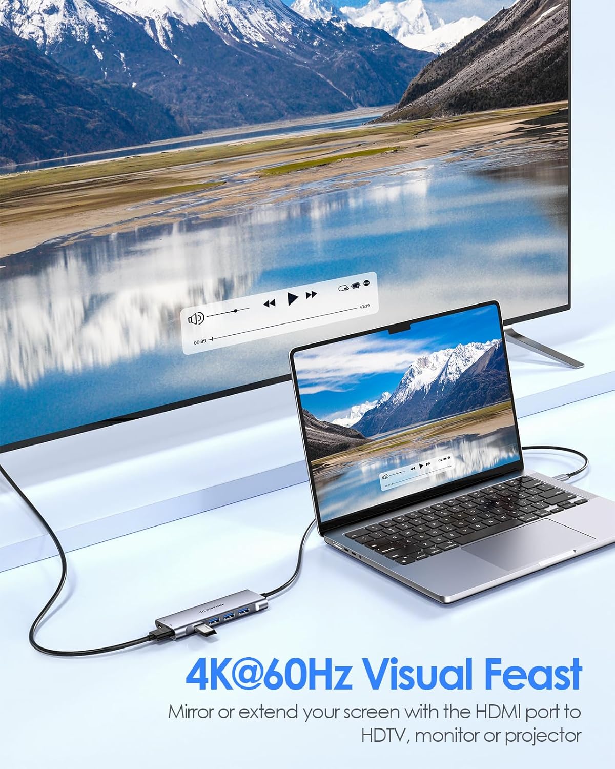 3.3FT Long Cable USB C Hub with 4K HDMI, 100W PD Charging, 4 USB 3.0 Port & LED Indicator for MacBook Pro/Air, Dell