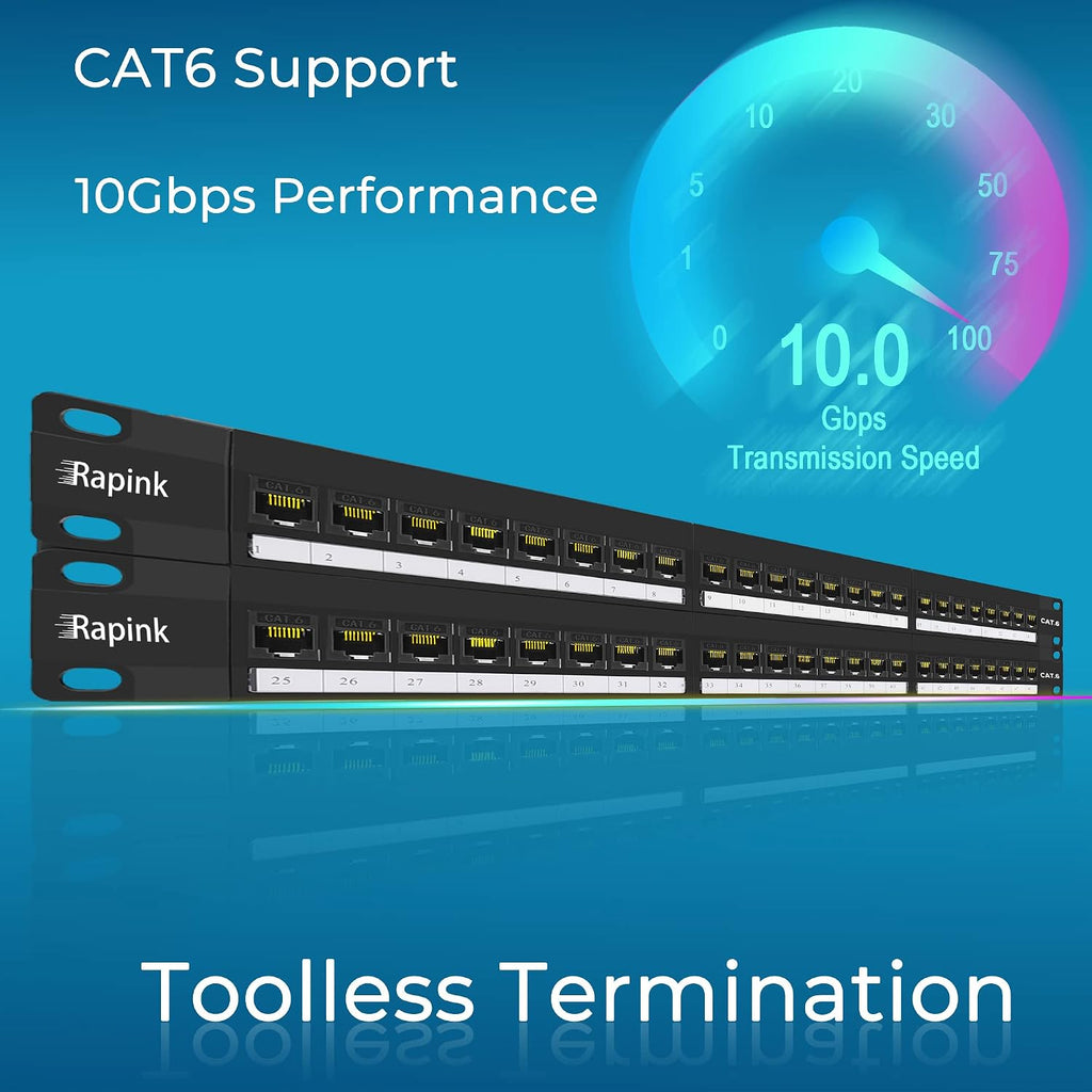 48 Port Cat6 Patch Panel with Inline Keystone 10G Support, Pass-Thru Coupler UTP 19-Inch, Removable Back Bar, 1U