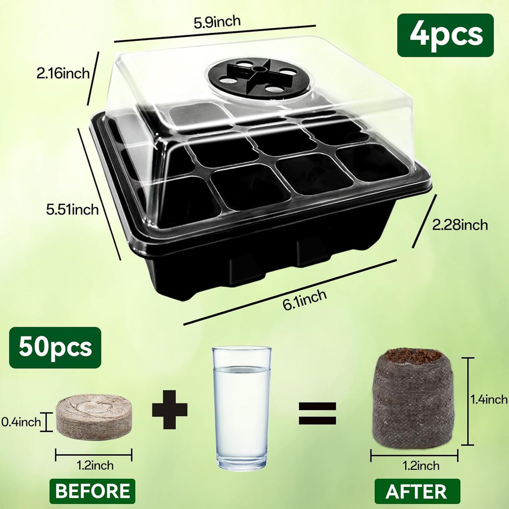 4 Pack Seed Starter Tray with 50 PCS Peat Pellets, 48 Cells Black Seeding Starter Trays for Organic Seed Starter Soil