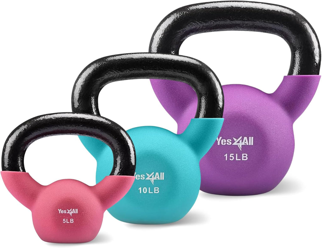 Kettlebell - 5, 10 & 15 LB Neoprene Coated Cast Iron Kettlebells, Wide Grip Handle & Flat Bottom for Swings, Squats