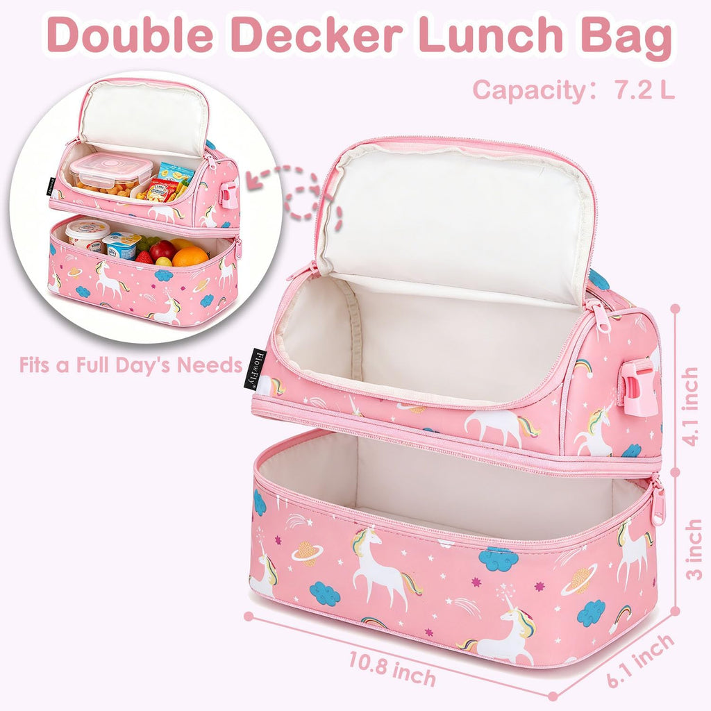 Kids Double Decker Cooler Insulated Lunch Bag Large Tote for Boys, Girls, Men, Women, With Adjustable Strap, Unicorn