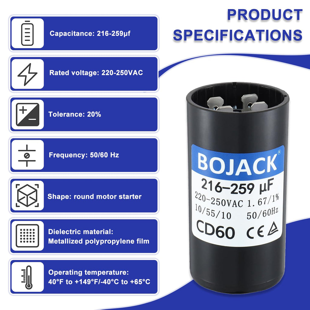 BOJACK 216-259 uF/MFD 220-250 VAC 50/60 Hz Universal Round Start Capacitor Electric Replacement Parts