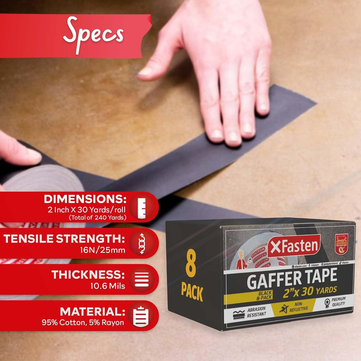 Black Gaffers Tape 2 Inch x 30 Yards Bulk - 8-Pack (720ft), Residue-Free Matte Black Gaffer Tape 2 Inch