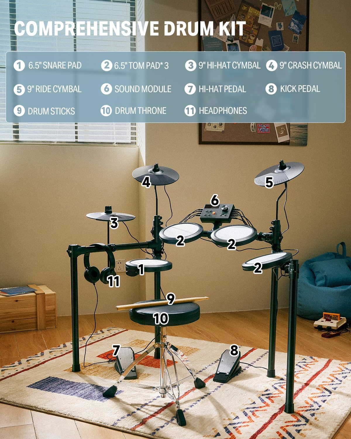 Electric Drum Set, DED-70 Electronic Drum Kit for Beginner with 150 Sounds, 4 Quiet Mesh Pads, 9" Cymbals, USB MIDI