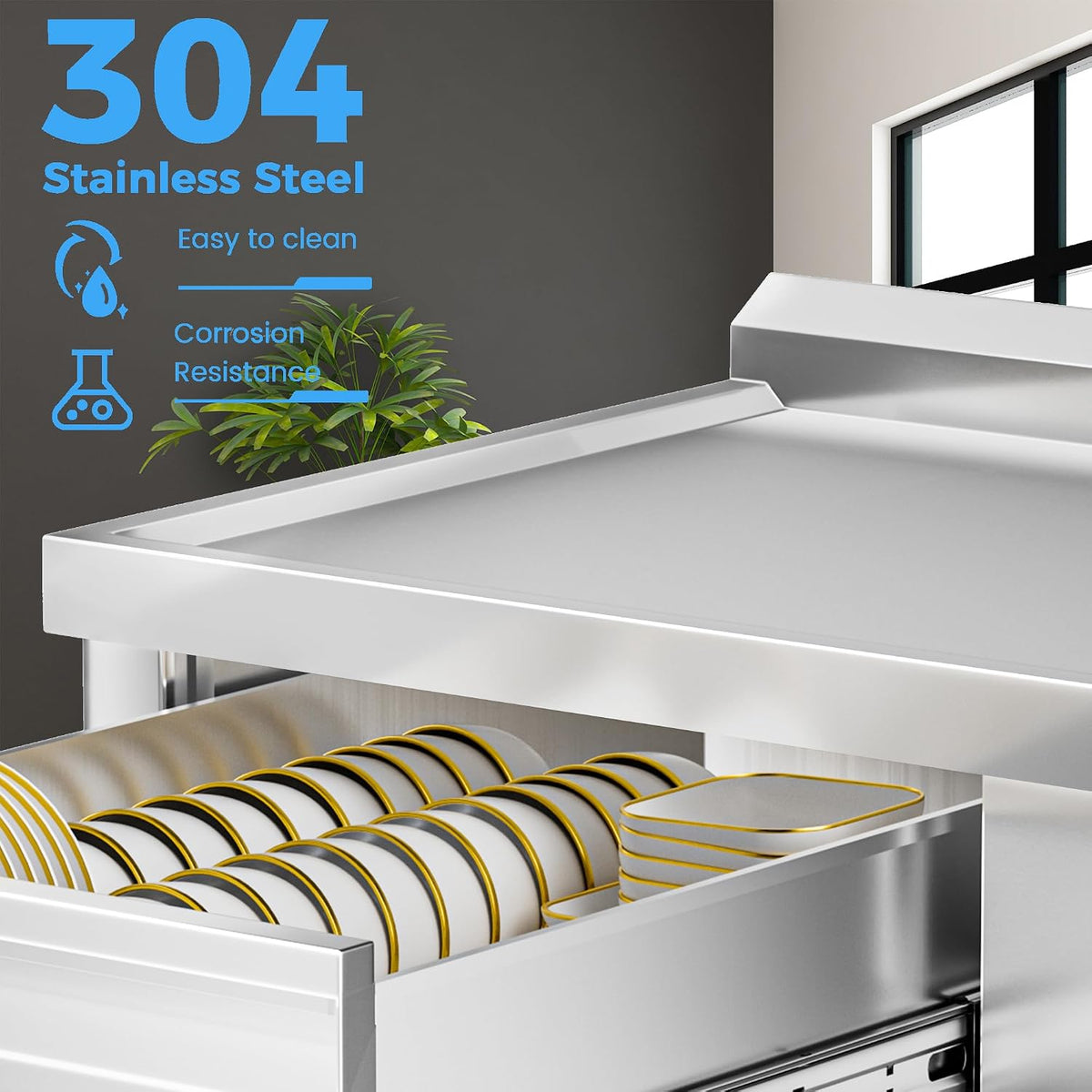 304 Stainless Steel Utility Sink – Free Standing Single Bowl with Workbench, Storage Drawer & Faucet, Hot and Cold