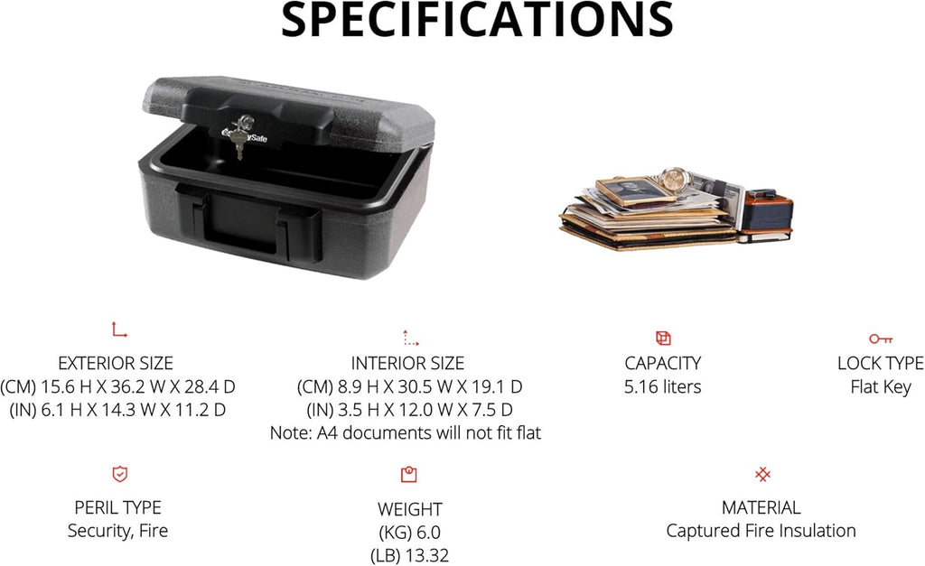 Fireproof Safe with Key Lock, Chest Lock Box for Home or Travel Secures Money, Documents, 0.18 Cubic Feet, 6.1 x 14.3