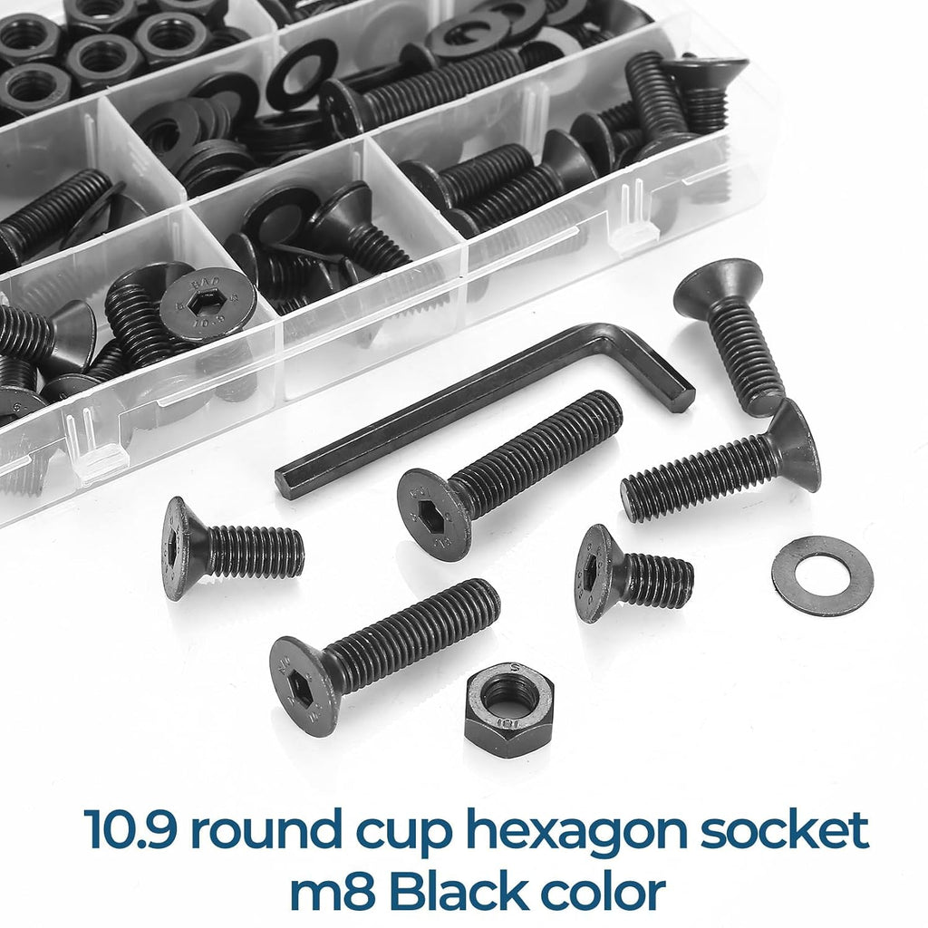 155 PCS M8 Countersunk Screws Kit, M8 Flat Head Machine Screws Assortment