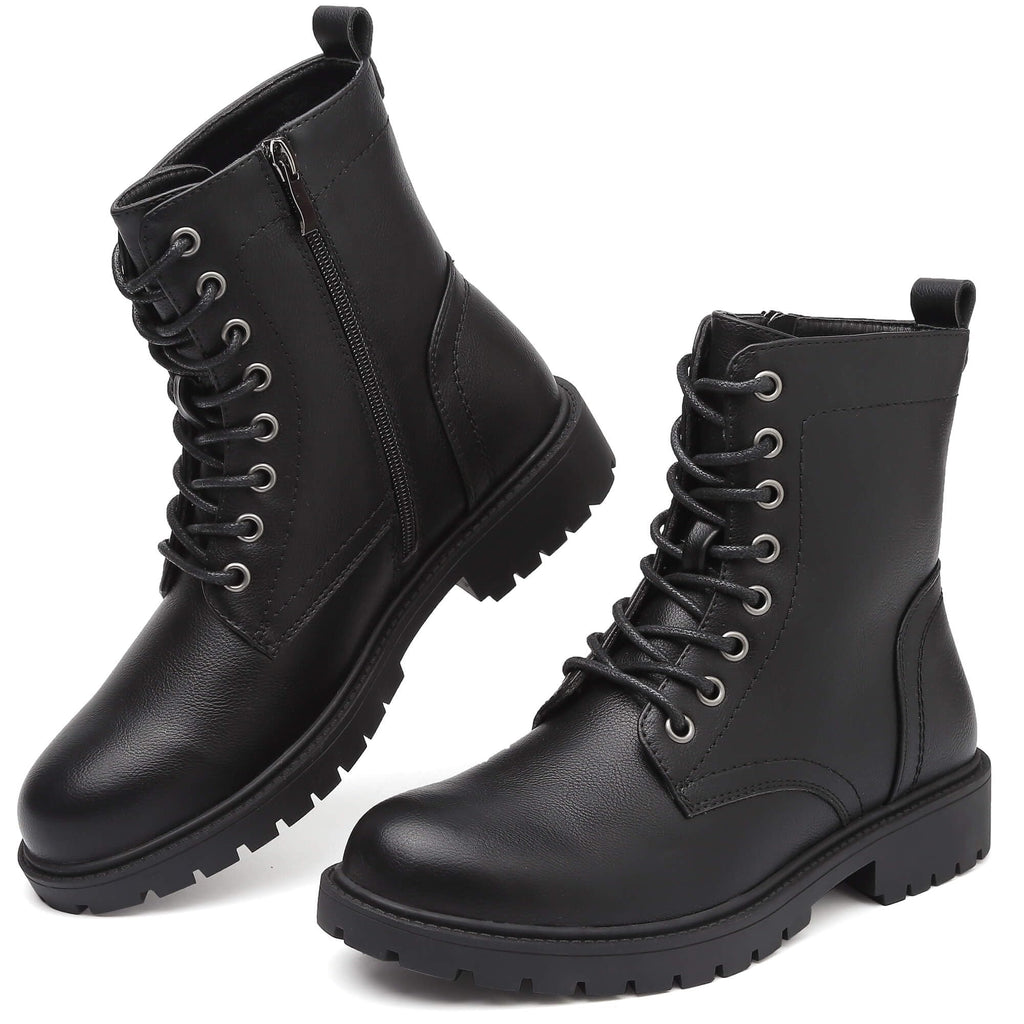Women’s Combat Boots Lace Up Fall Ankle Booties with Side Zipper Low Heel