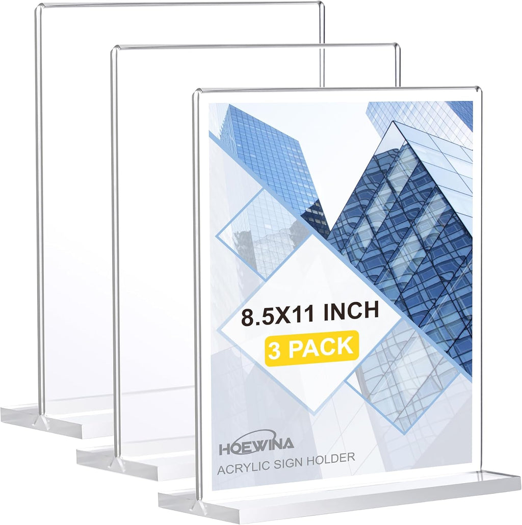 3Pack Acrylic Sign Holder 8.5 x 11inch, Vertical Display Sign Stand | Clear Menu Holder Stand, Table Paper Holder