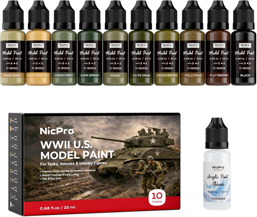 10 Colors WWII U.S. Model Paint Set, 20ml Ready to Use | Modeling Acrylic Paints, Brush & Airbrush, Miniature Paint