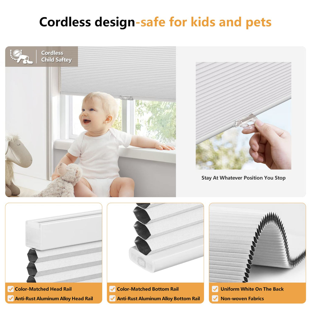 Cordless Cellular Shades, 34'' W x 36'' H, White
