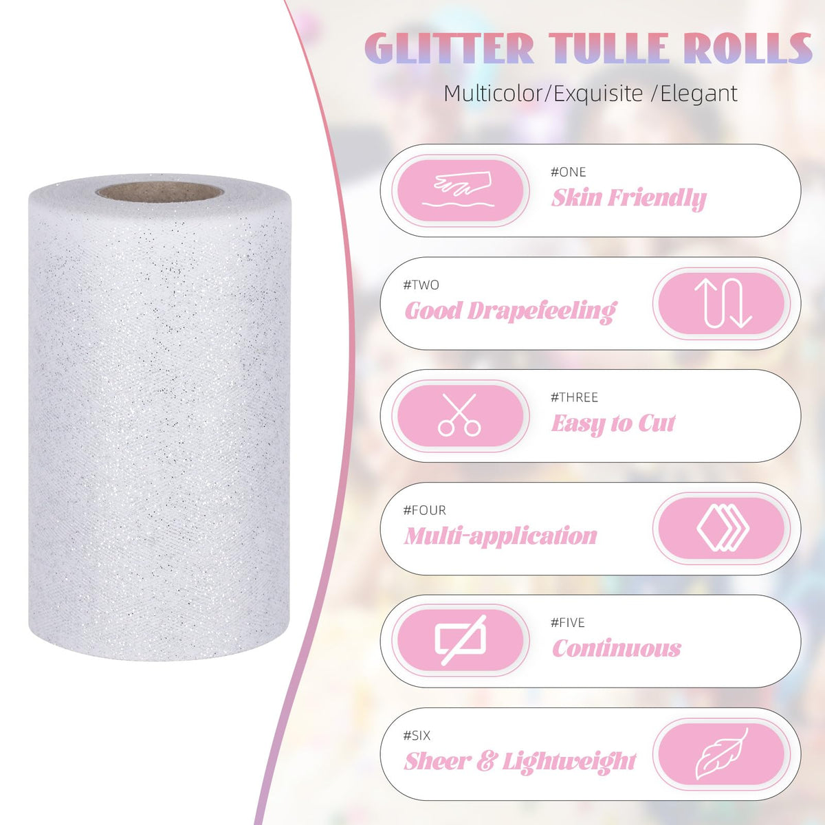 Glitter Tulle Rolls 6” by 50 Yards Tulle Fabrics(White/Silver-New)