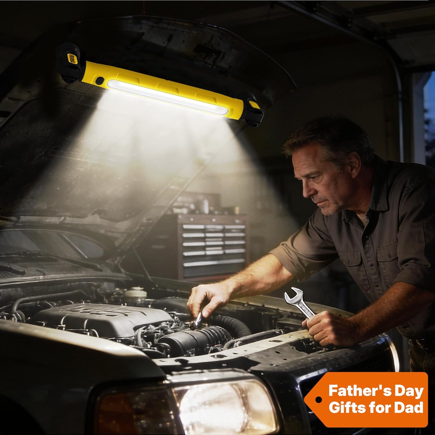 Under Hood Work Light Bar, 3000LM LED Magnetic Light Bar with Hooks, 5200mAh Cordless Rechargeable Hood Light Fathers