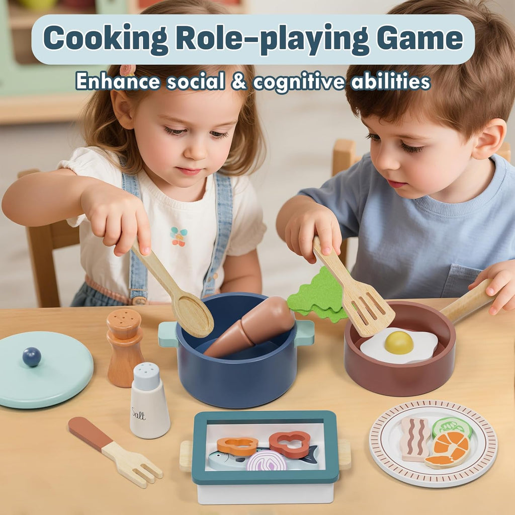 Wooden Play Kitchen Accessories, Play Food for Toddlers 1-3, Toys Pots and Pans for Kids Cooking Set, Pretend Play