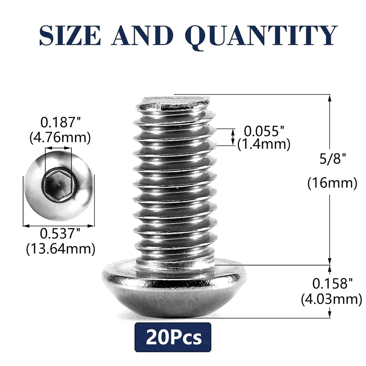 5/16-18 x 5/8" Button Head Socket Cap Bolts Screws, 20Pcs 304 Stainless Steel 18-8, Allen Hex Drive, Bright Finish by SG TZH(with Hex Spanner)