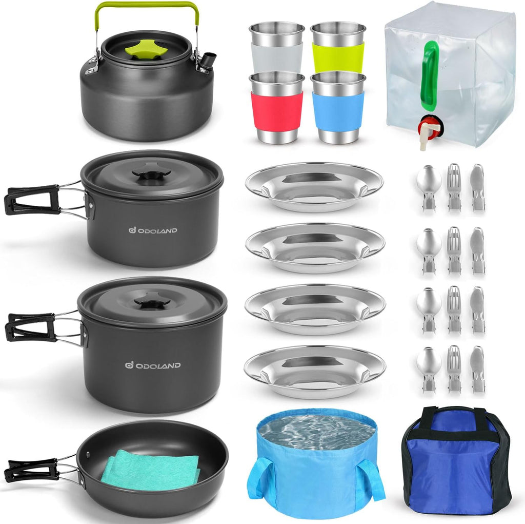 29pcs Camping Cookware Mess Kit, Non-Stick Lightweight Pots Pan Kettle, Collapsible Water Container and Bucket
