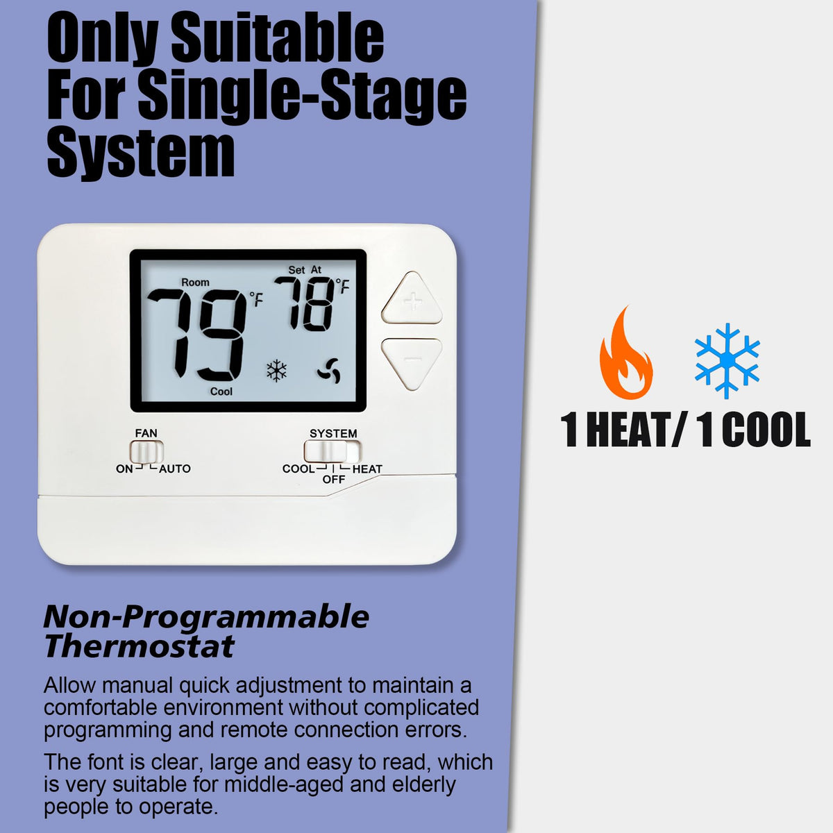 Heagstat Non-Programmable Thermostat for Home Conventional Single-Stage System, up to 1 Heat/ 1 Cool (with White Backlight)