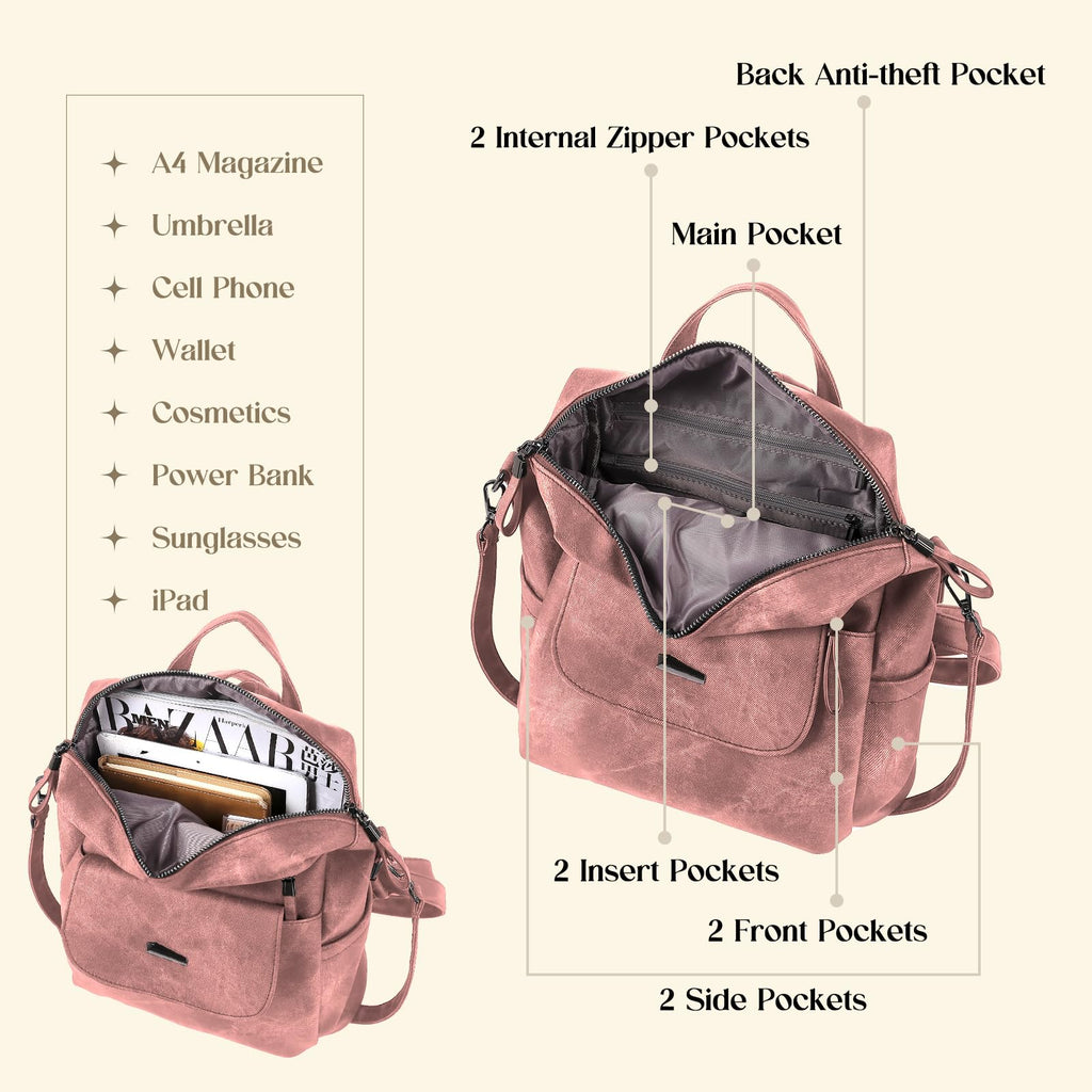 Backpack Purse for Women, PU Leather Ladies Backpack, Pink