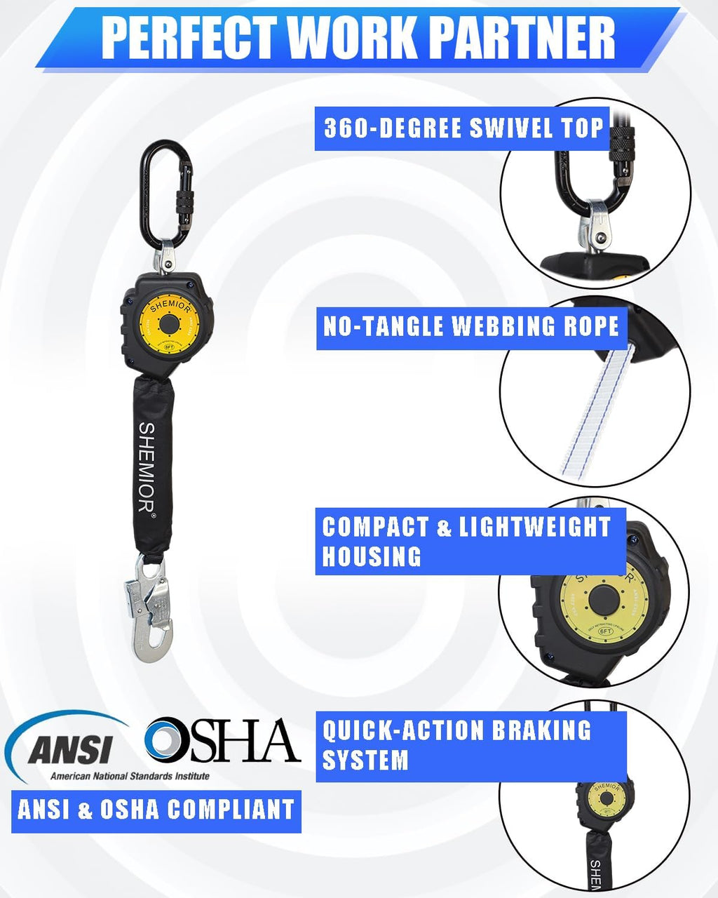 Swivel Top Self Retracting Lifeline, Shemior 6FT SRL, Retractable Lanyard | Web, Safety Harness Fall Protection Kit