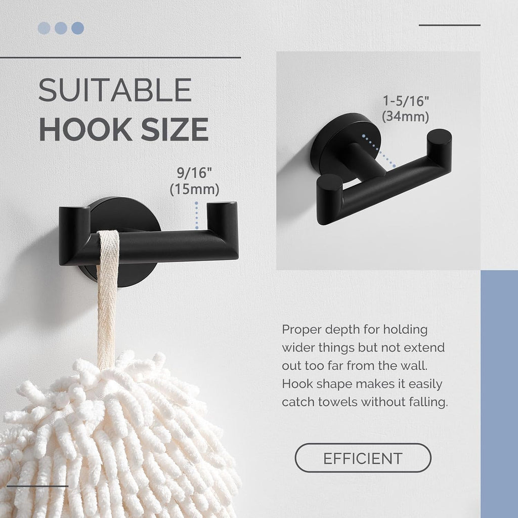 Double Towel Hook for Bathroom, Robe Coat Hook, Matte Black | Solid Rustproof SUS304 Stainless Steel, Bath Hand Towel