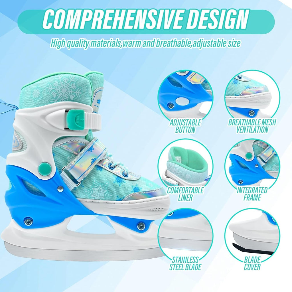 Adjustable Ice Skates for Kids, Girls Ice Skating Shoes for Beginner Ages 4-12, Boys Snowflake Iceskates for Outdoor