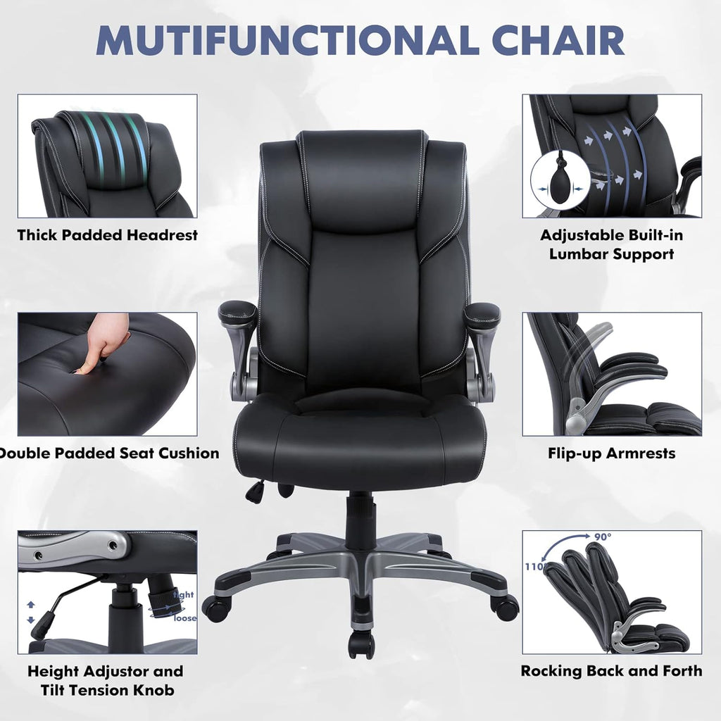 High Back Executive Office Chair - Padded Leather Ergonomic Computer Desk Chair with Inflatable Lumbar Support &