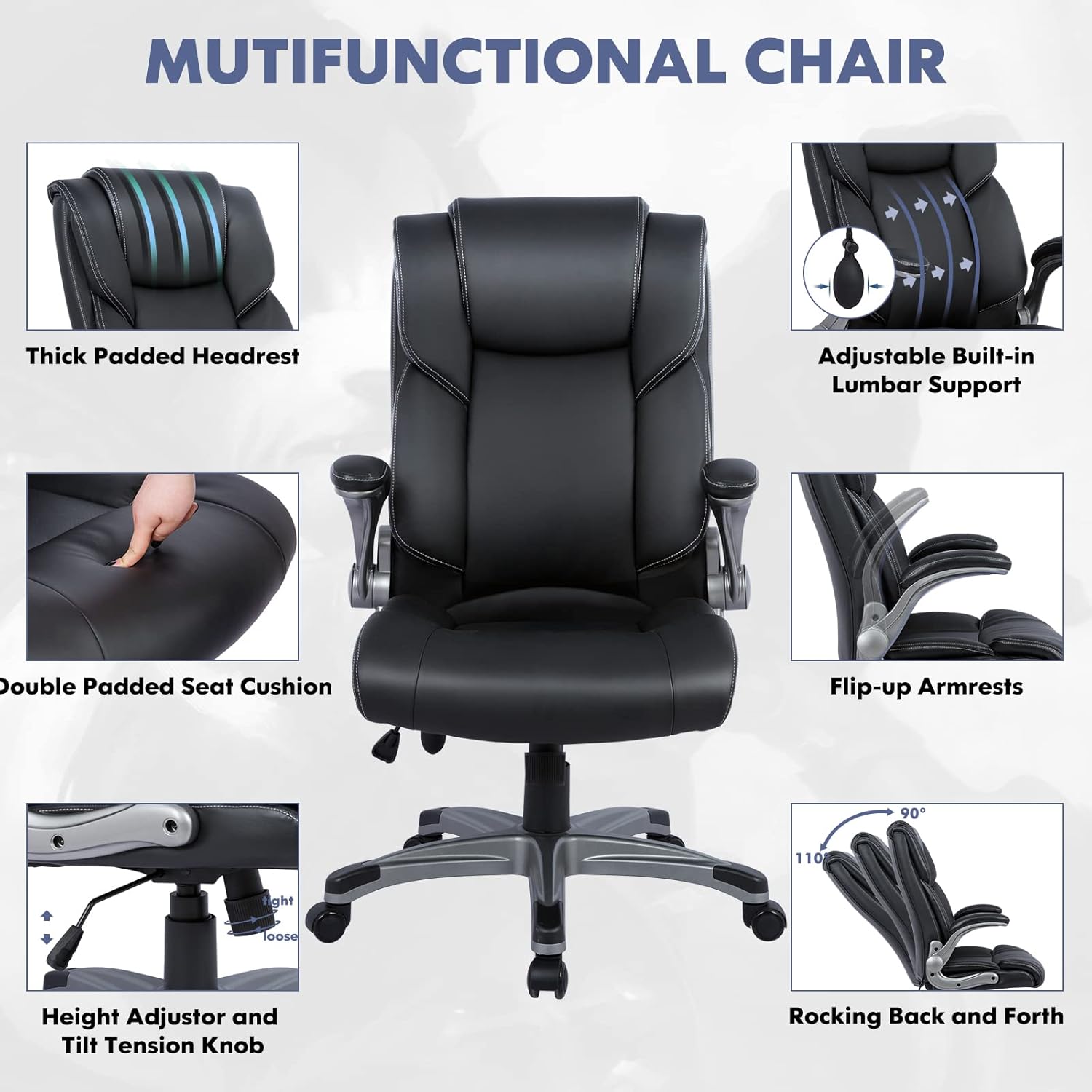 High Back Executive Office Chair - Padded Leather Ergonomic Computer Desk Chair with Inflatable Lumbar Support &