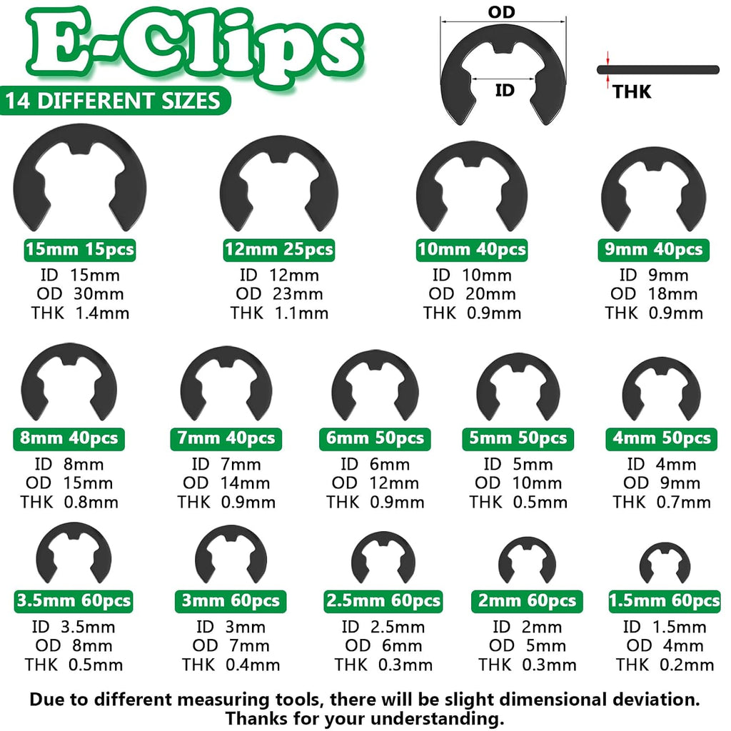 650PCS E Clips Assortment Kit (1.5MM-15MM), 14 Sizes Snap Ring Kit