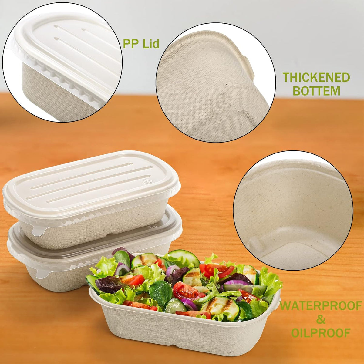 70 Pack Compostable Take Out Food Containers with PP Lid, 23 Oz Bagasse to Go Containers Rectangular Disposable Paper