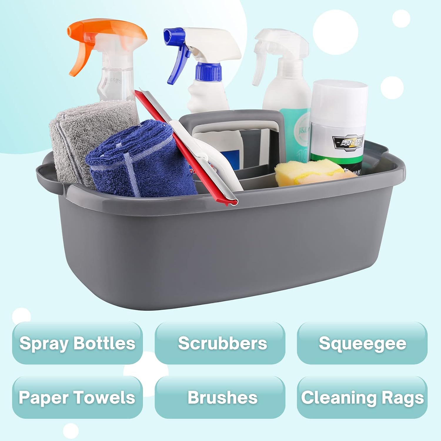 Cleaning Caddy Organizer with Handle, Gray Plastic Bucket for Cleaning Supplies Products, Cleaning Tool Storage Tote