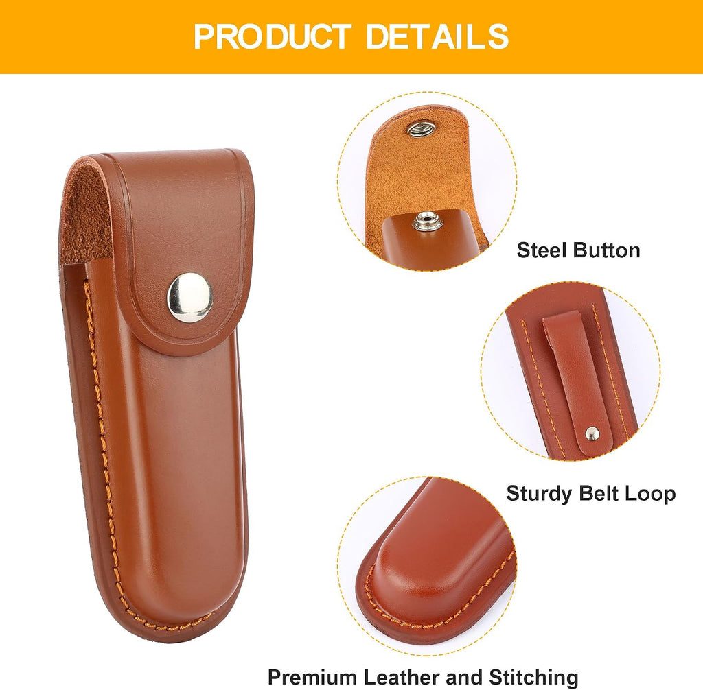 4 Inch Leather Pocket Knife Sheath for Belt Carry | Genuine cowhide folding knife pouch with snap closure for