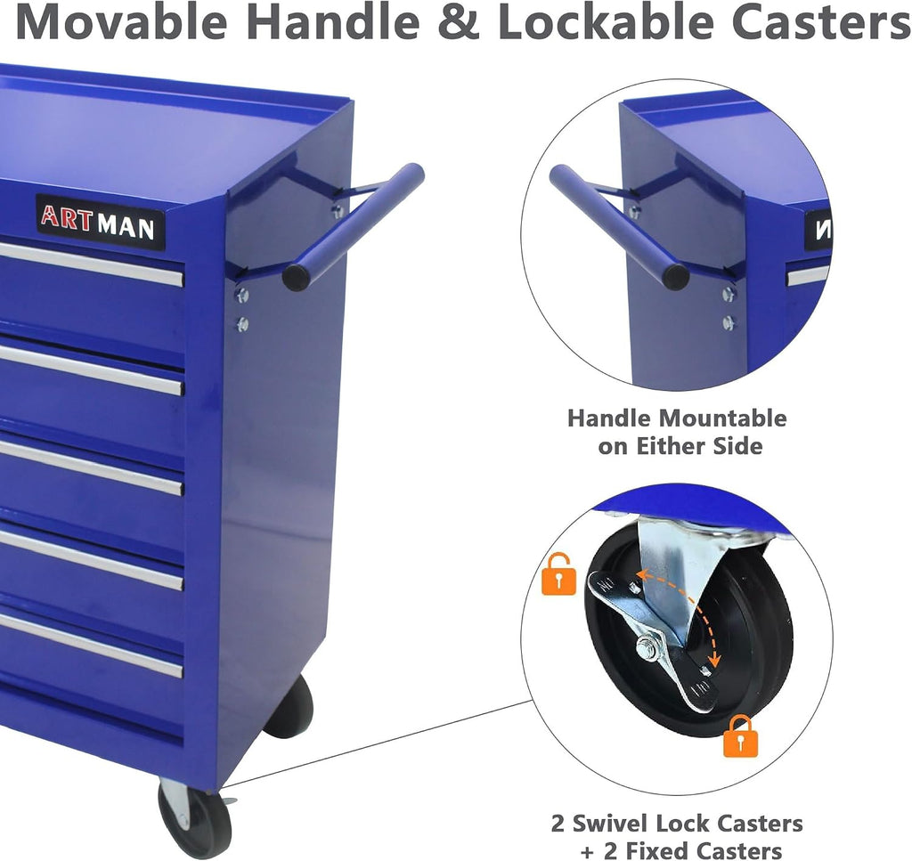 5 Drawer Tool Cart with Locking System, Heavy Duty Rolling Tool Chest Cabinet with 4 Wheels, Steel Garage Storage