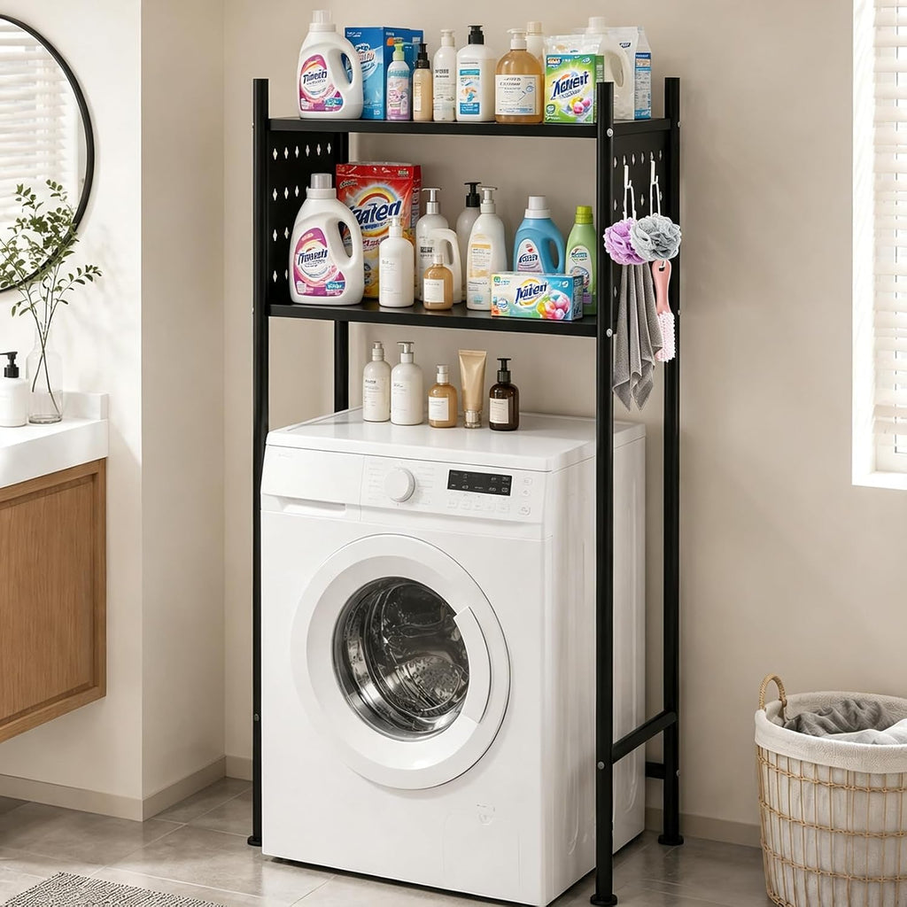 Over Bathroom & Laundry Storage Shelf, Laundry Rack with Pegboard and Hooks
