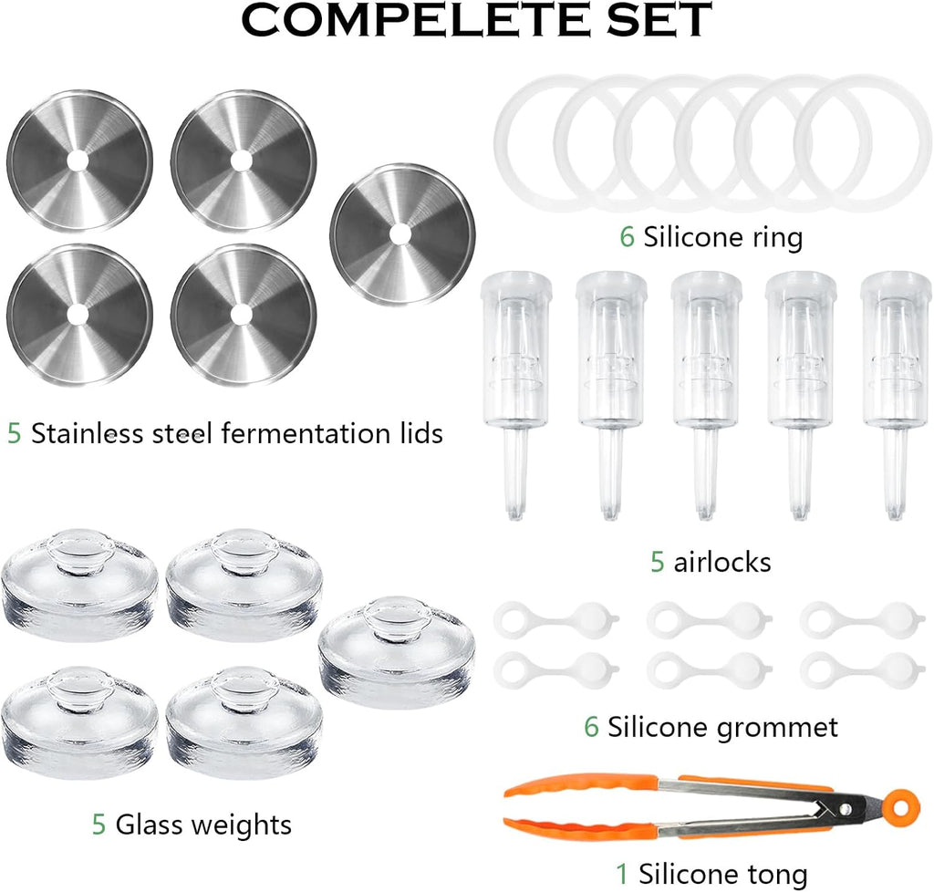 28 Pcs Fermentation Kit-5 Stainless Steel Fermentation Lids, 5 Glass Weights, 5 Airlocks, 6 Silicone Rings, 6
