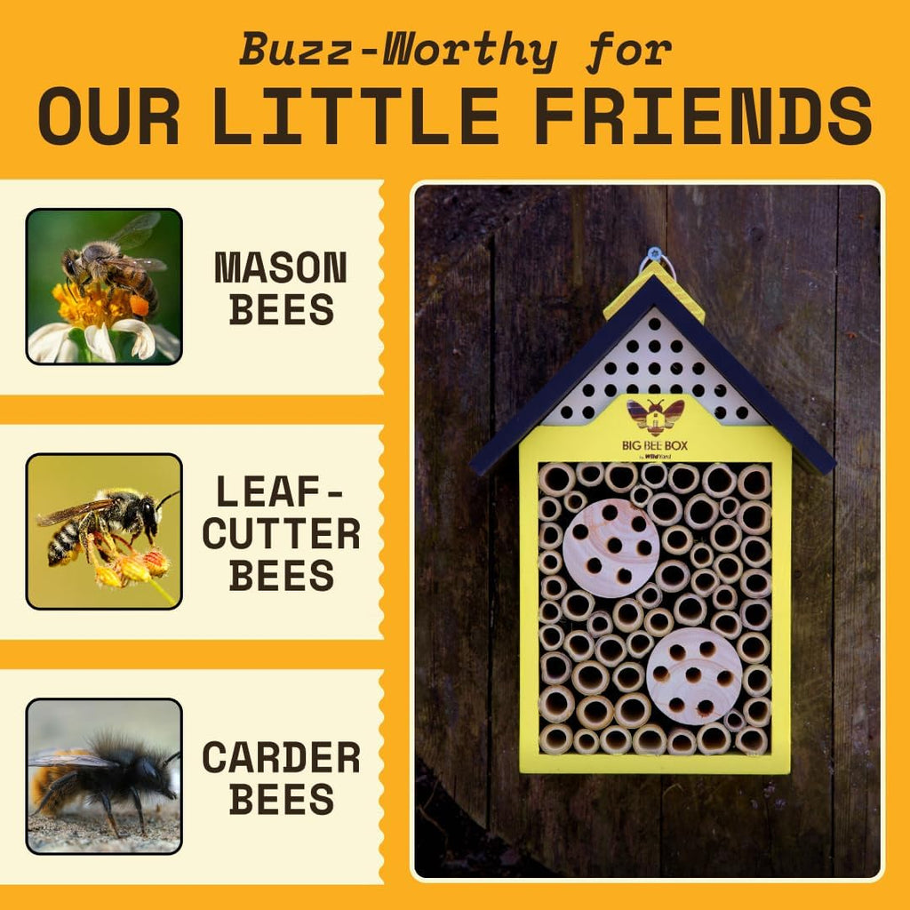Bee House for Garden - Yellow with Nesting Tubes, Easy Mount