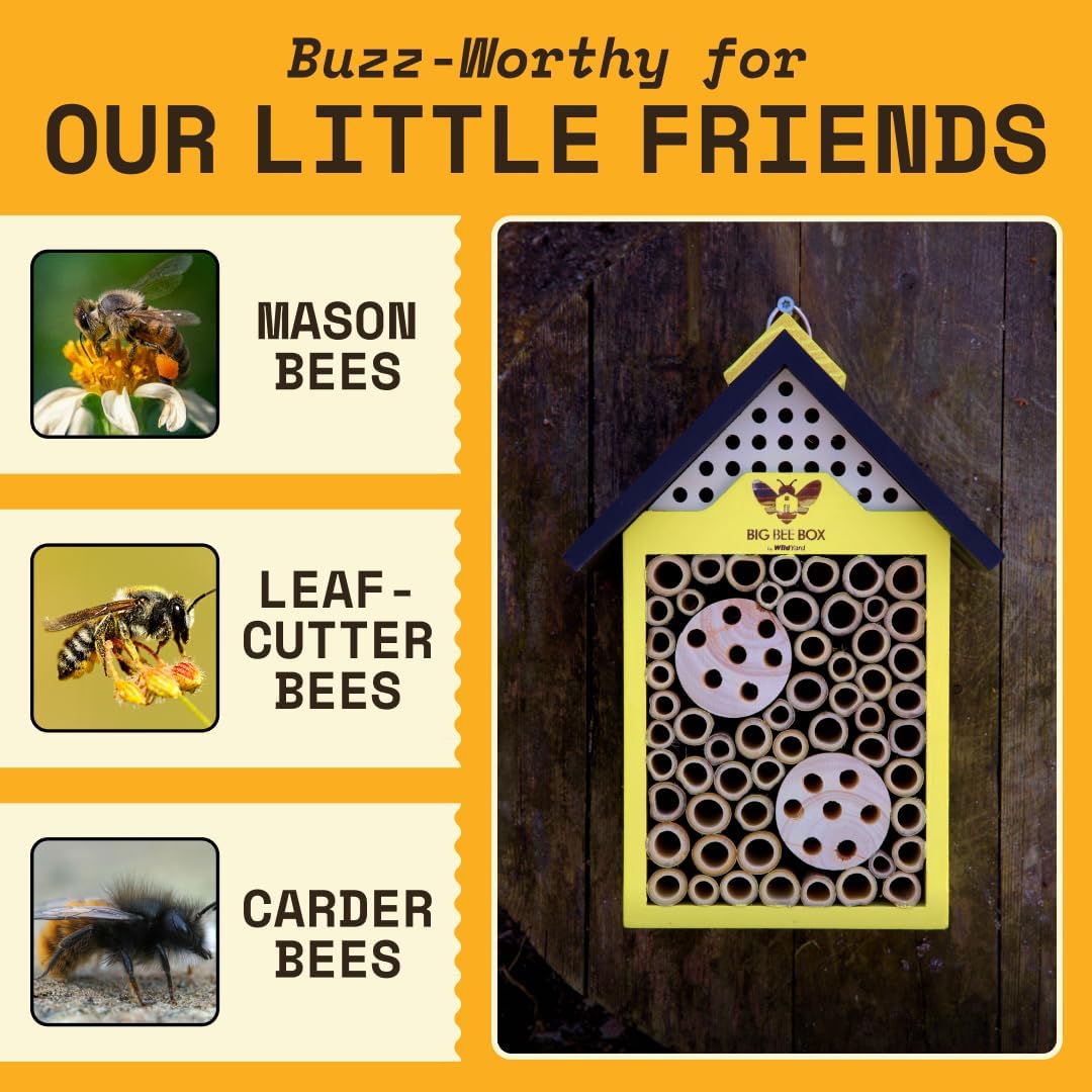 Bee House for Garden - Yellow with Nesting Tubes, Easy Mount