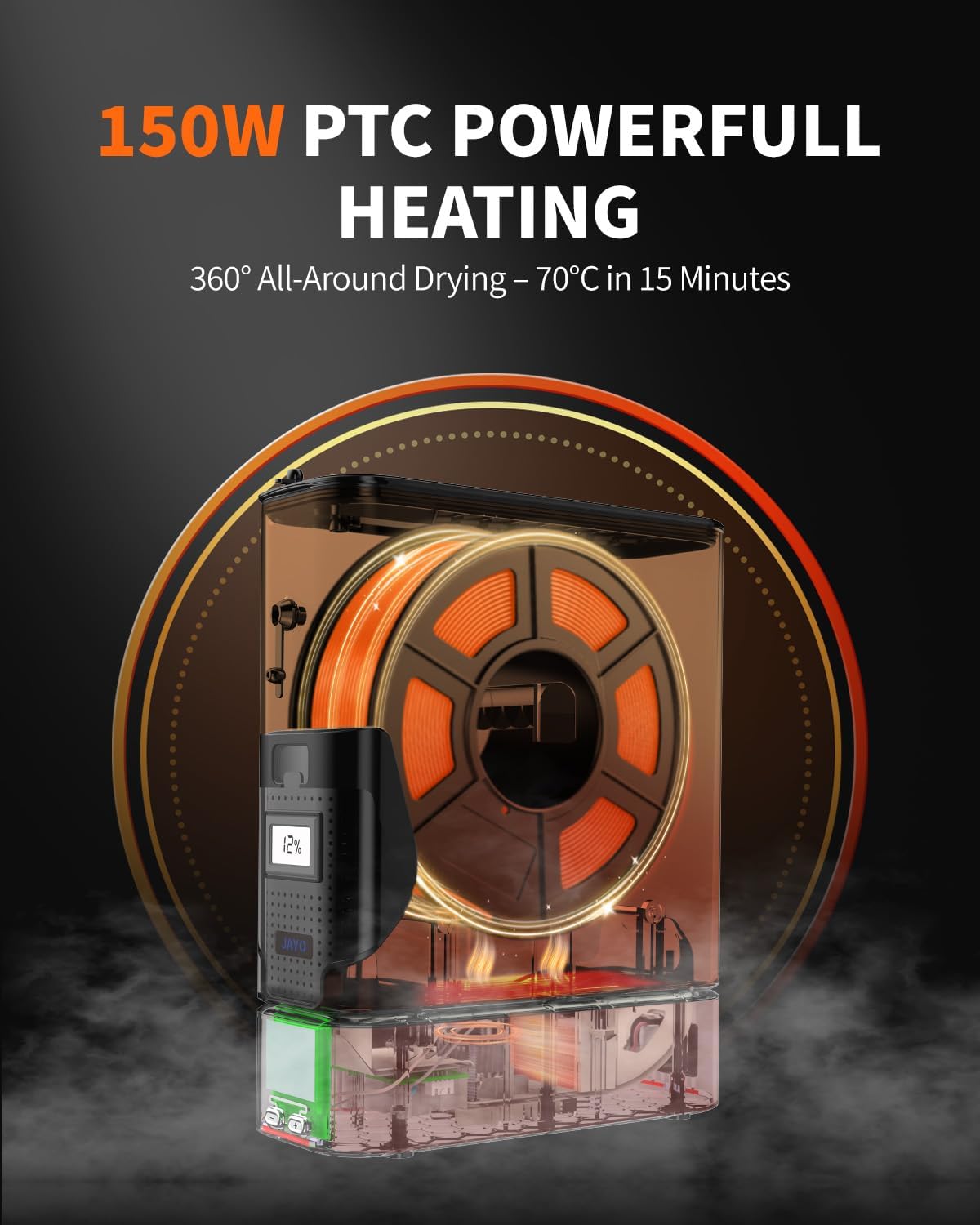 J1 Filament Dryer Box for 3D Printer Filaments, 150W PTC, Up to 70°C | Dry While Printing, Humidity Monitoring, Split