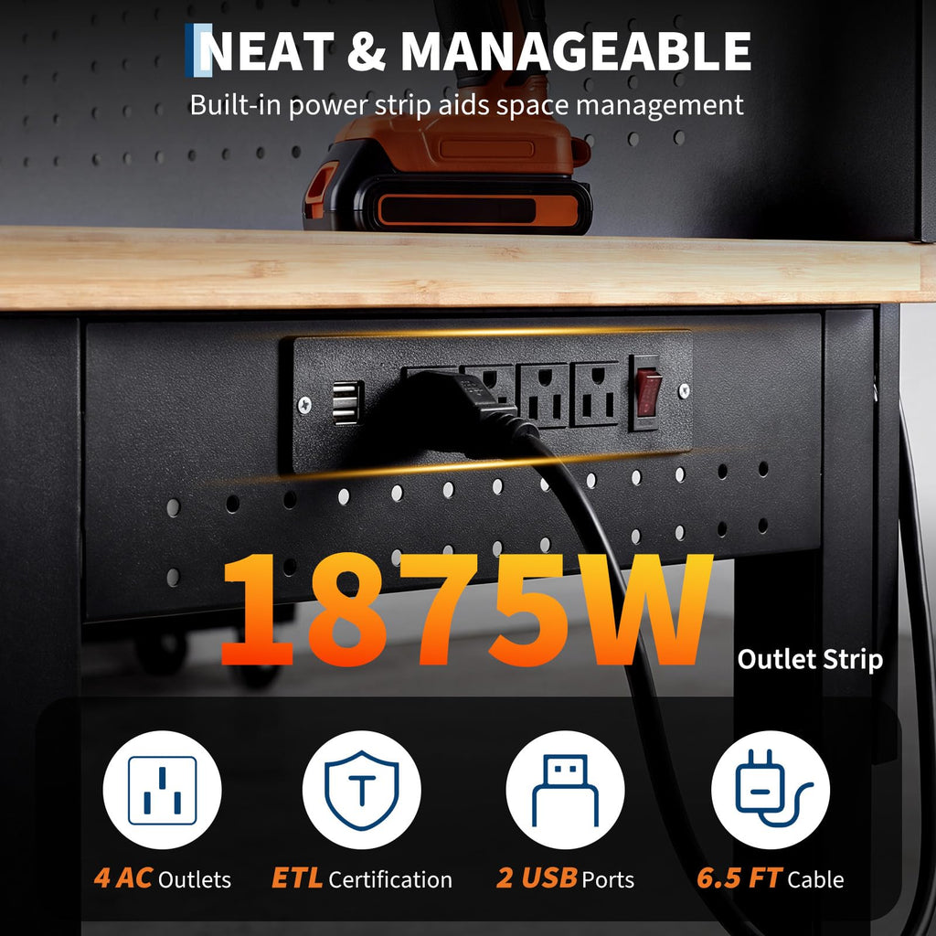 60 * 22 Garage Work Bench with Storage, Pegboard & Power Strip