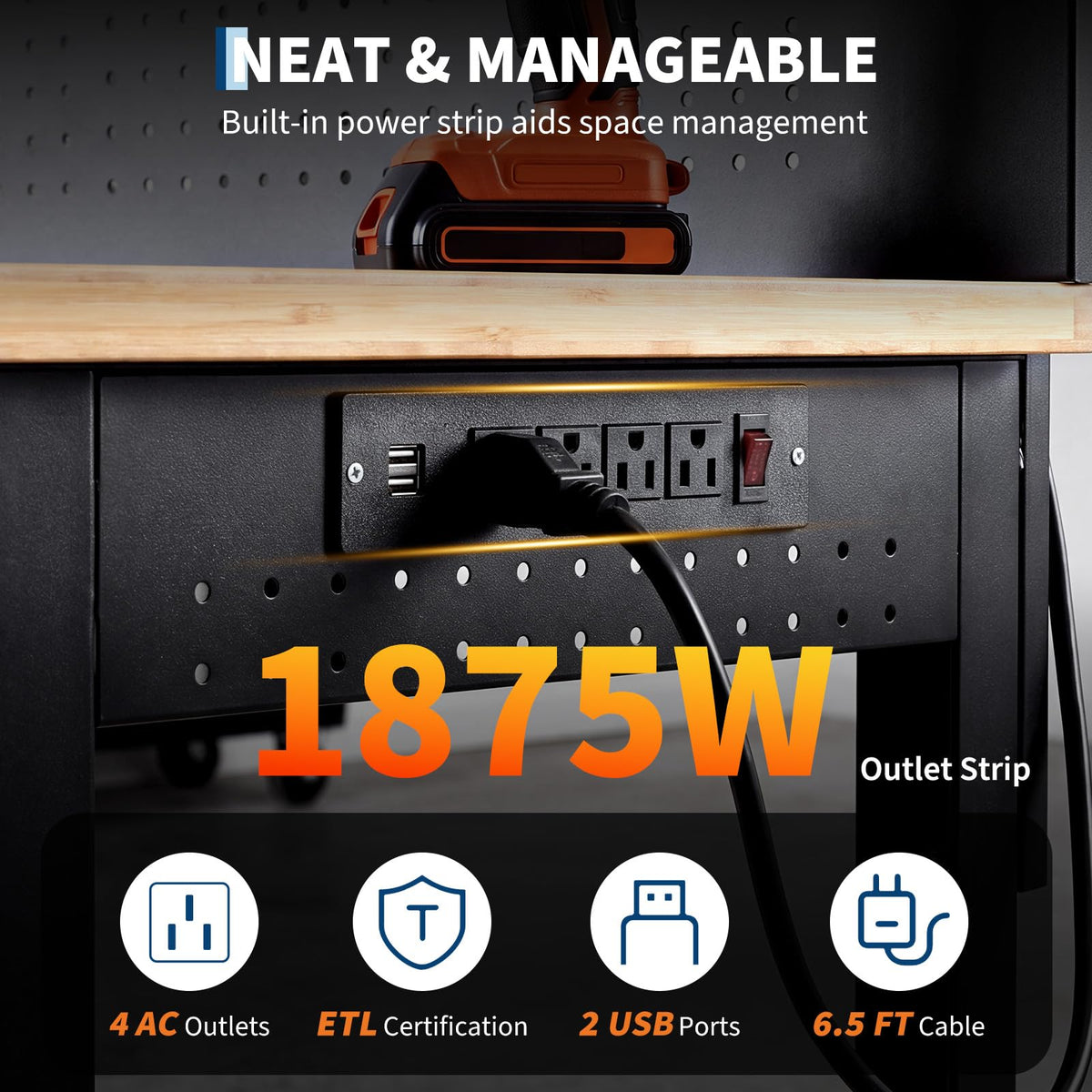 60 * 22 Garage Work Bench with Storage, Pegboard & Power Strip