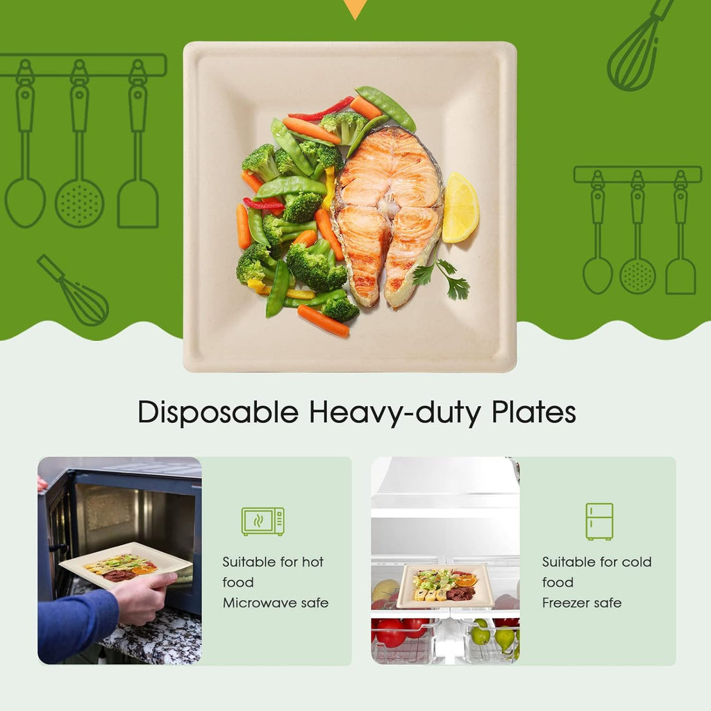100 Piecs Compostable Square Paper Plates, 10 inch, Nature