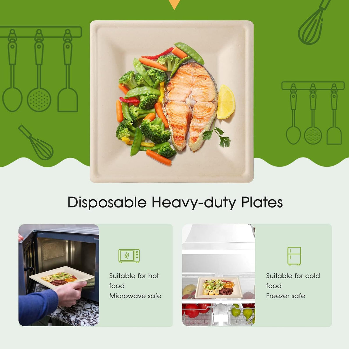 100 Piecs Compostable Square Paper Plates, 10 inch, Nature