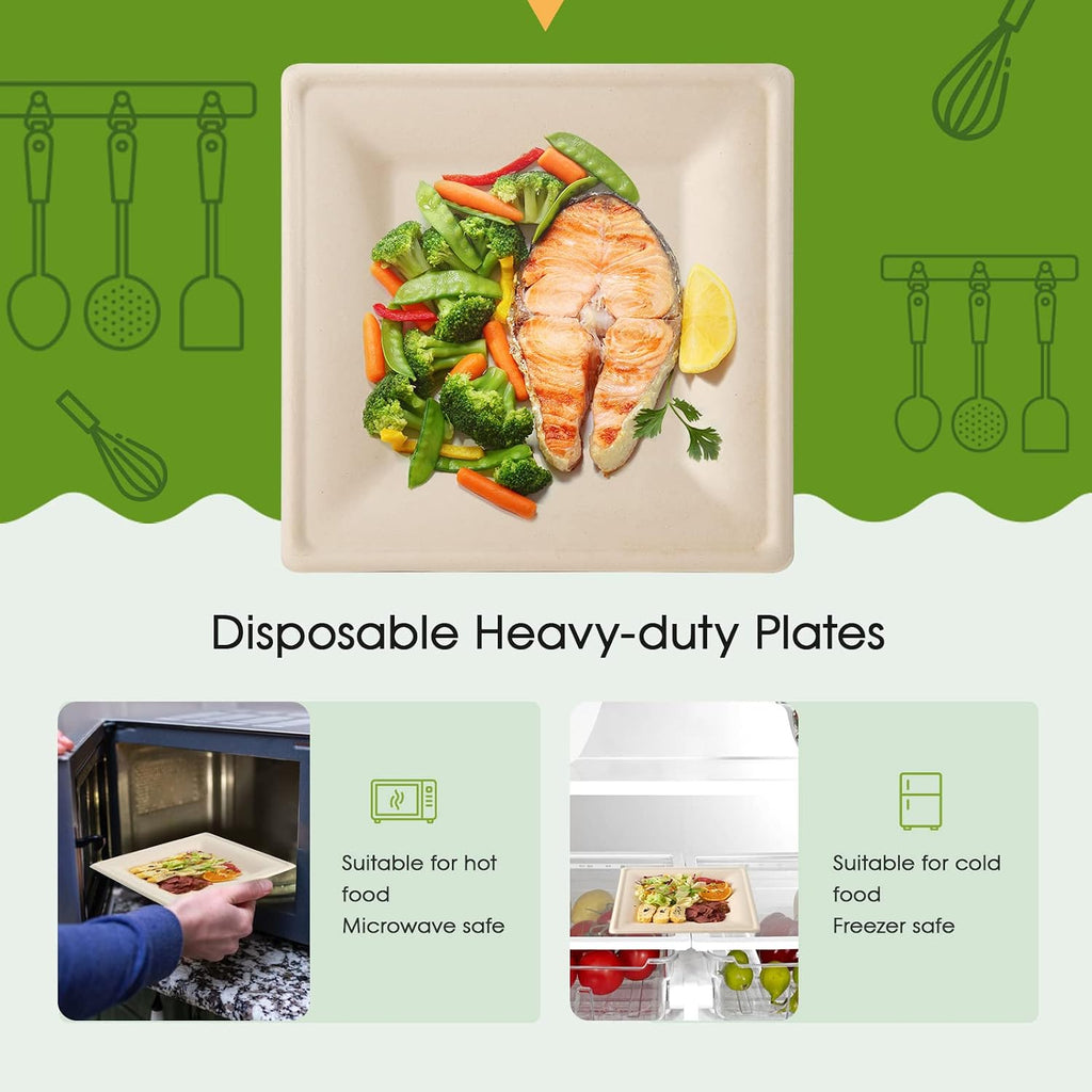 100 Piecs Compostable Square Paper Plates, 10 inch, Nature