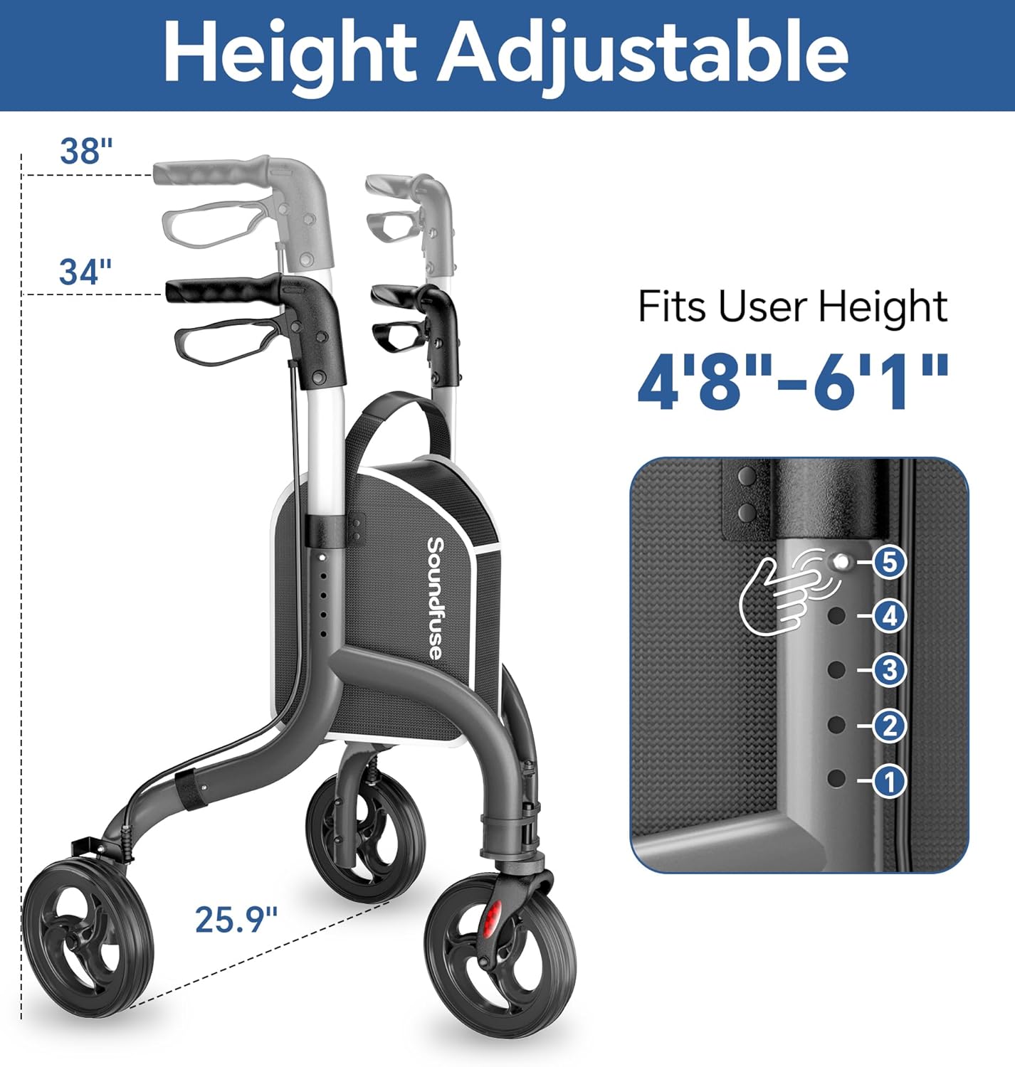 3 Wheel Walkers for Seniors, Lightweight Foldable Aluminum Rollator Walker, Height Adjustable Three Wheel Walker, Black