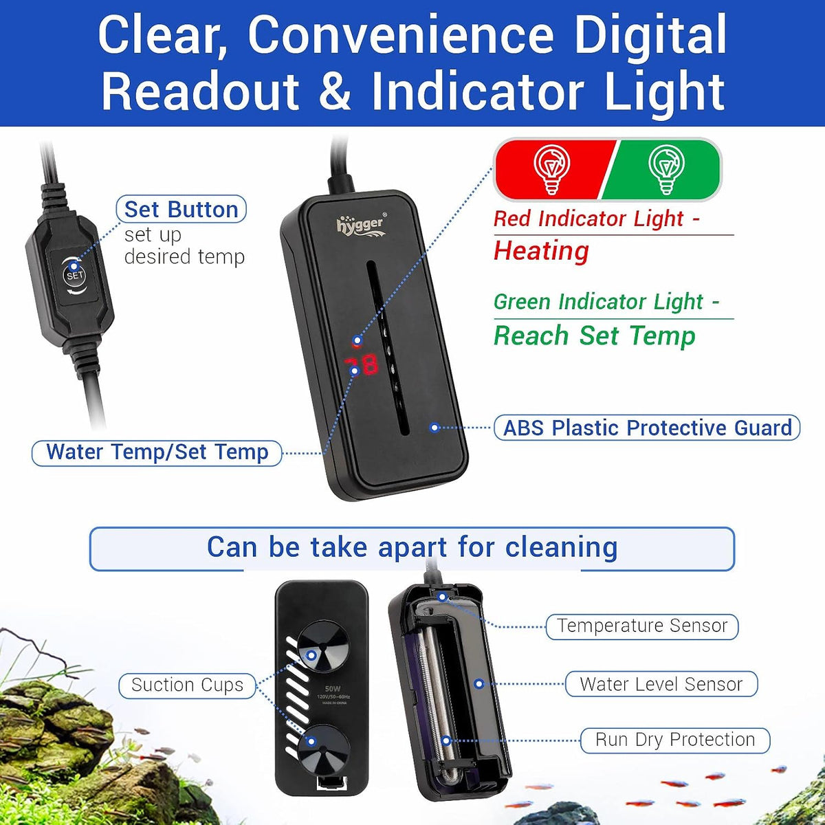 Small Submersible Aquarium Heater 25W Mini Betta Fish Tank Heater with LED Display Adjustable Temperature for 2-5