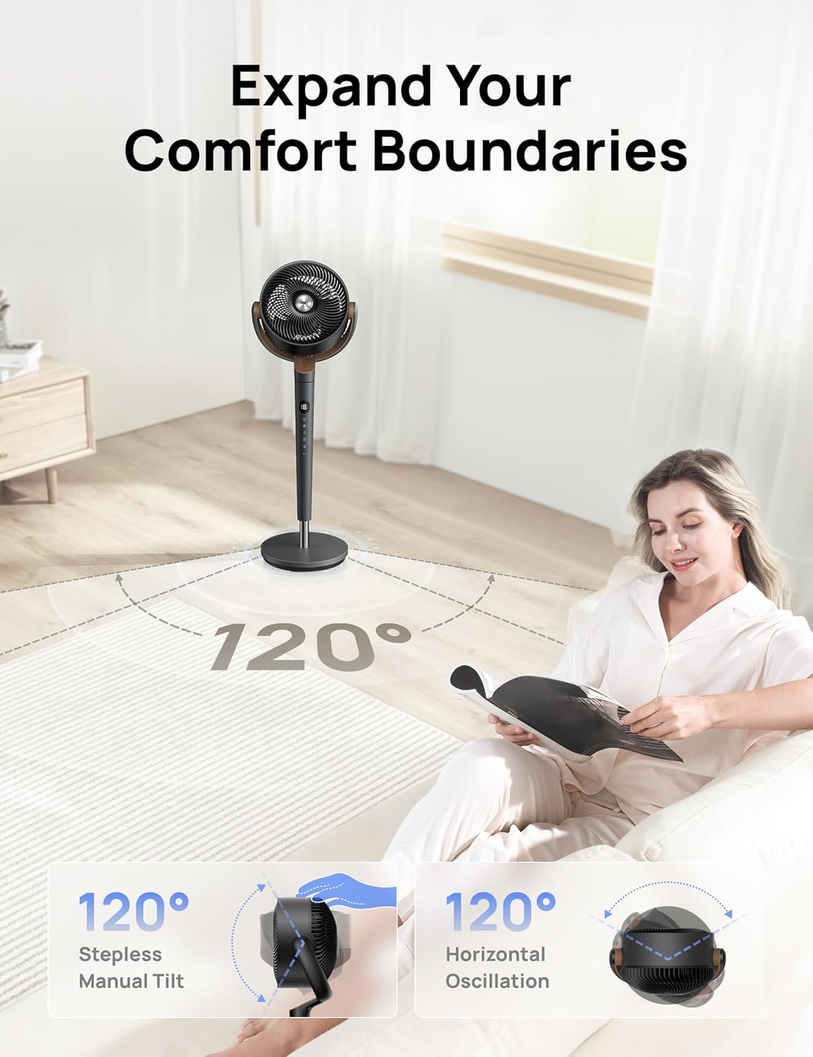Fan for Bedroom, 120° Oscillating Standing Fans, Quiet Floor Fan with DC Motor, 100ft Pedestal Fans for Room, 9