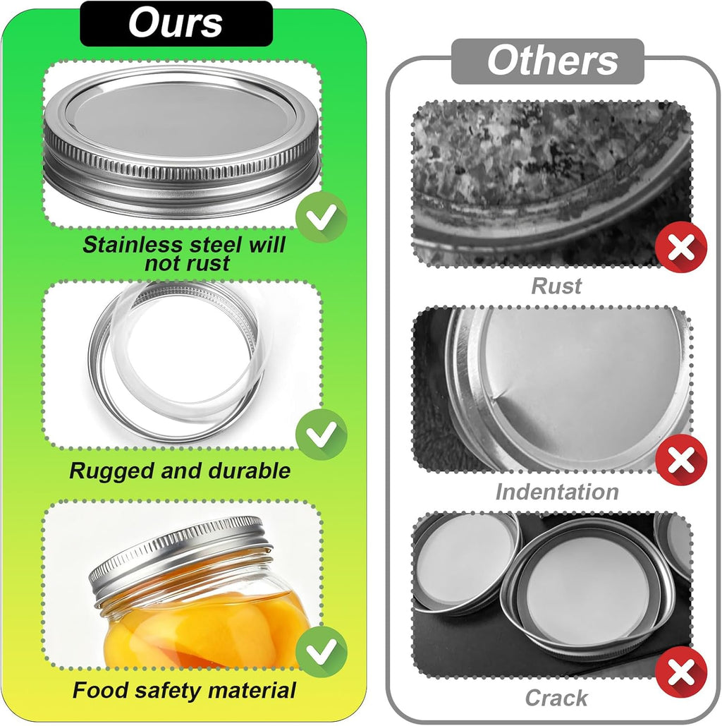 Stainless Steel Regular Mouth Canning Lids and Rings, Airtight/Rustproof Mason Jar Lids with Bands Set of 4