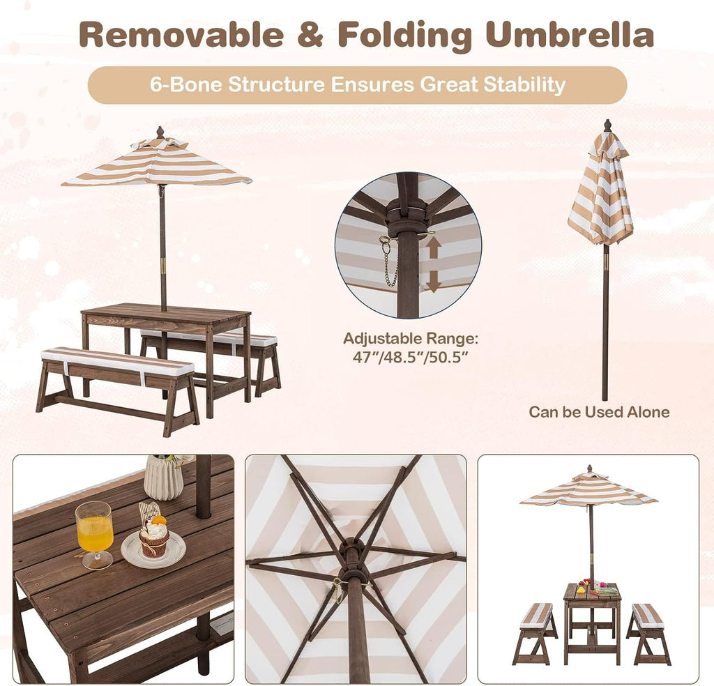 Kids Picnic Table, Outdoor Wooden Table & Bench Set w/Removable Cushions and Umbrella, Stripe Fabric, Children